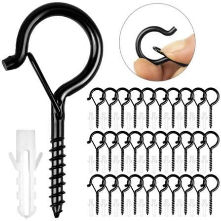 30 stk. sorte skruekroge, kraftige skruekroge med sikkerhedsløkke, træloftskrog til ophængning af plantekurve, fuglefoderautomater, lanterner, kopper