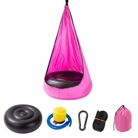 Rosa hängande stol för barn, bärbar fallskärmsduk gunga säng inomhus innergård kreativ stil hängande stol med uppblåsbar kudde