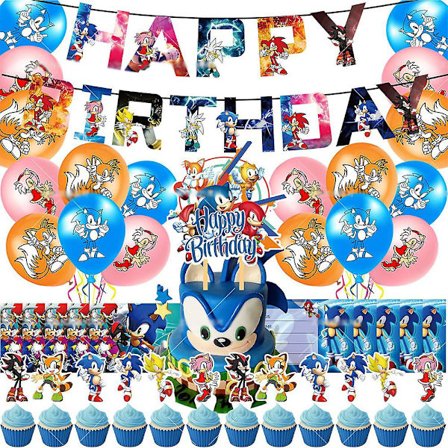Sonic The Hedgehog Tema Bursdagsfest Dekorasjon Ballonger Banner Kake Topper Invitasjonskort Sett