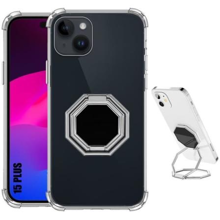 Silikonetui til iPhone 15 Plus - stødsikker gennemsigtig med justerbar sølv ottekantet støtte