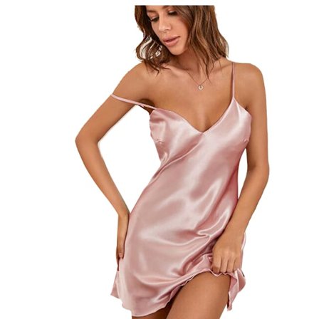 Satin nattkjole for kvinner med V-hals og sexy spaghettistropper - Rosa