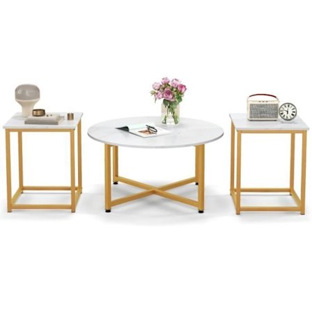 COSTWAY 3-delad soffbordsset, inklusive 1 runda och 2 fyrkantiga, robust metallram, max. belastning 200 kg, modern, vit och guld