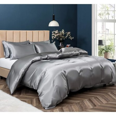 3-delt sateng dynetrekksett, full/queen size, luksuriøst silkemykt grått dynetrekk med glidelås, 1 dynetrekk + 2 putetrekk (ingen dyne)