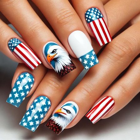 Independence Day Press on Nails Medium Square Lösnaglar med Amerikansk Flagga Stjärndesign Blå Naglar Press ons Glansiga Lim på Naglar Vita ABS Naglar