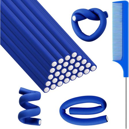 (Mørkeblå, 9,4 x 0,3 tommer) 30 fleksible hårruller av skumgummi, myke skumruller uten varme og 1 stålkamb