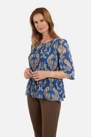 BRANDTEX - 3/4 Ærmet Bluse - Blå Mix - Mønstret / Plisseret