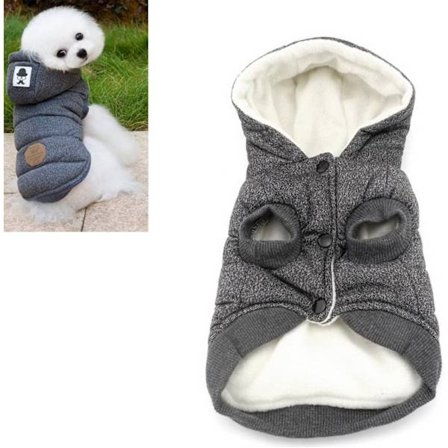 Hundejakke med hette, varm hettejakke, små hunder, vinterklær (størrelse XXL, bryst 55 cm, halsomkrets 35 cm, grå)