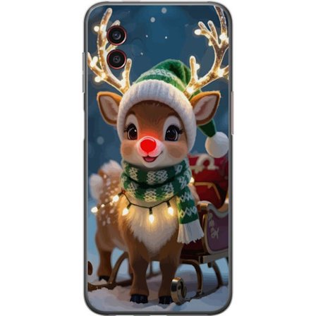 Samsung Galaxy Xcover6 Pro Läpinäkyvä kuori Jouluisesti koristeltu poro hehkuvin sarvin, punainen nenä ja neulottu vihreä pipo seisoo kelkan edes