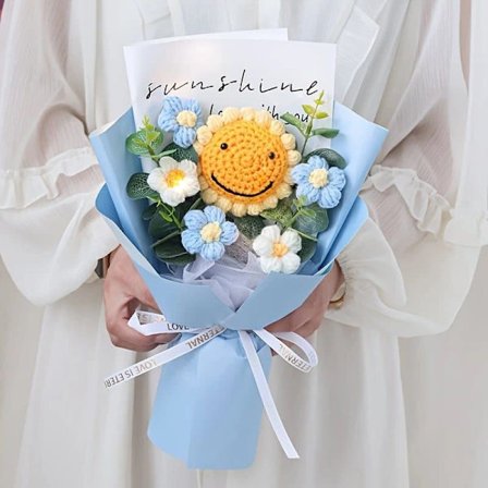 Solsikke Buket – Strikket Smilende Ansigt, Fødselsdag, Valentinsdag & Mors Dags Gave_OF
