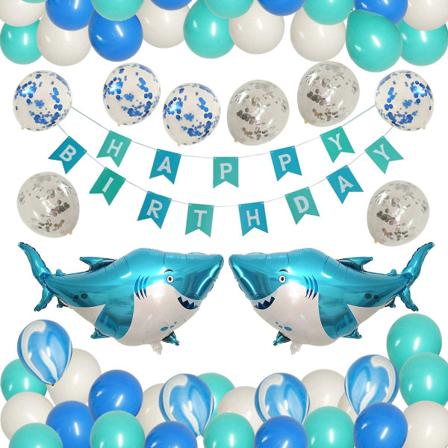 Blå Marin Tema Födelsedagsfest Dekorationer Set Pojkar Flickor Kvinnor Baby Födelsedagsfest Tillbehör Glad Födelsedag Haj Ballonger Hängande Banner 