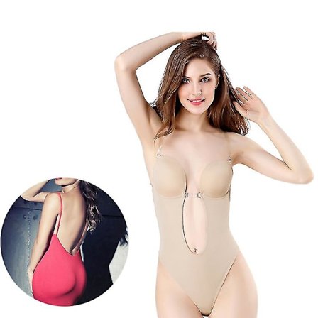 Dyp V-hals Body Shaper for kvinner Stroppløs ryggløs BH Body Shapewear U Plunge Sømløs Thong Beige