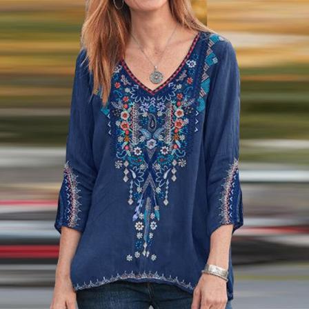 T-shirt Med V-ringad Broderad Tröja För Damer