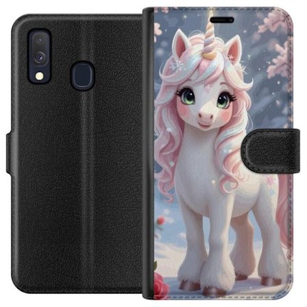 Yhteensopiva Lompakkokotelo Samsung Galaxy A40 Pastellfärgad enhörning med regnbågsmane och stora ögon i sagolik vintermiljö