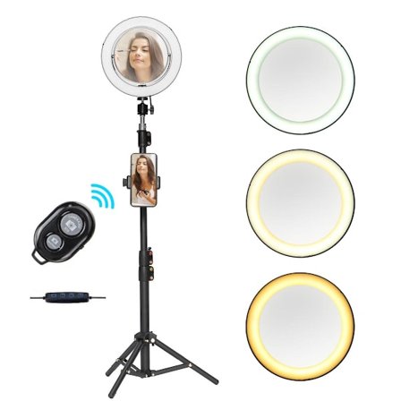 Ring Light Selfie Lampe LED med Spejl + Fjernbetjening Stativ