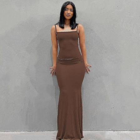 Ny sommarklänning för kvinnor Damklänning 2022 Skims Casual Slim-fit Sling Hemma lång klänning brown XL