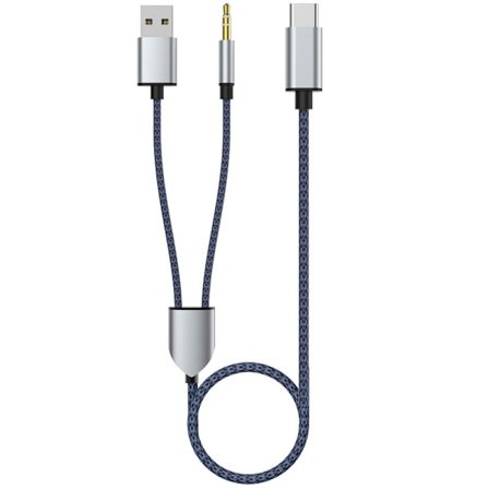 2-i-1 Type-C Bilstereo Kabel 1 Splitt 2 Type C til USB A 3.5mm Aux Kabel Blå