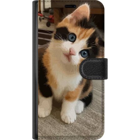 Yhteensopiva Lompakkokotelo Samsung Galaxy S24 FE Söt kattunge med blå ögon och trefärgad päls sittande inomhus charmigt motiv med gulligt uttryck och