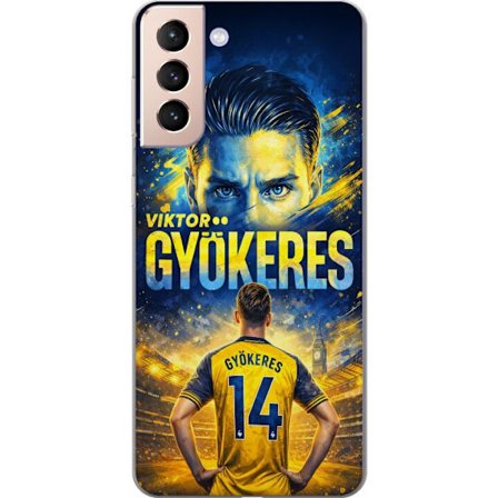 Kompatibelt Mobildeksel til Samsung Samsung Galaxy S21 Viktor Gyökeres fotballplakat i gult og blått med dramatisk stadionbakgrunn, sportillustrasjo