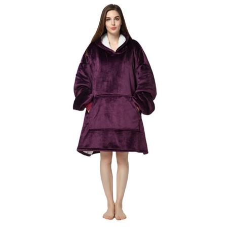 Mub - Yksivärinen löysä flanellipyjama, kaksinkertainen paksuus, lämmin huppu, ulkokäyttöön sopiva hupparipeitto Deep purple