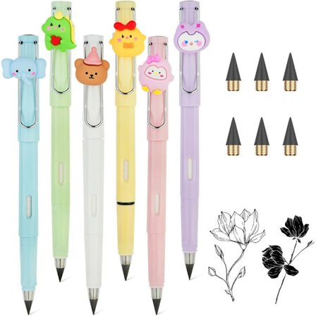 6 stk. blekkløs blyant, gjenbrukbar evig blyant med utskiftbar spiss med 6 erstatningstips, bærbar uendelig blyant