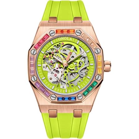 Männs Mekanisk Automatisk Klocka Skelett Vattentät Färgrik Diamant Silikon Rosa Grön Pink green