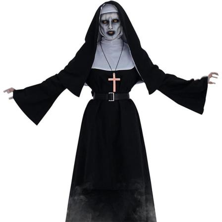 Skräck Nunna Cosplay-kostym Kvinnans Halloween-kors Spökfest Rollspel Outfit Karneval Scenshow Klä upp kostym för vuxna M