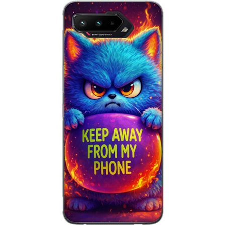 Kompatibel Mobilcover til Asus Asus ROG Phone 5 Vred luvat blå kat med teksten "Hold dig væk fra min telefon" i neonfarver og ildlignende effekter,
