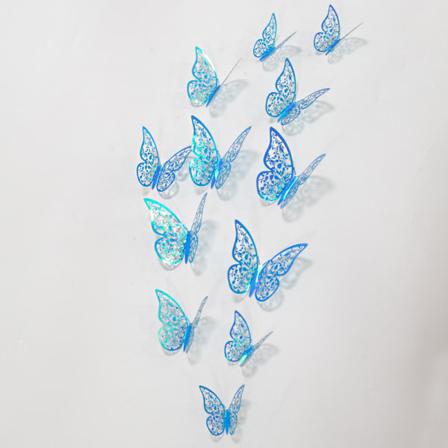 (Regnbue Blå) 24PCS 3D Sommerfugl Ornamenter Dekorative Levende Fjernstickers med 3 Forskjellige Størrelser