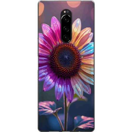 Kompatibelt Mobildeksel til Sony Xperia 1 Irideserende blomst med glitrende kronblad i rosa lilla og gull mot myk bokeh bakgrunn
