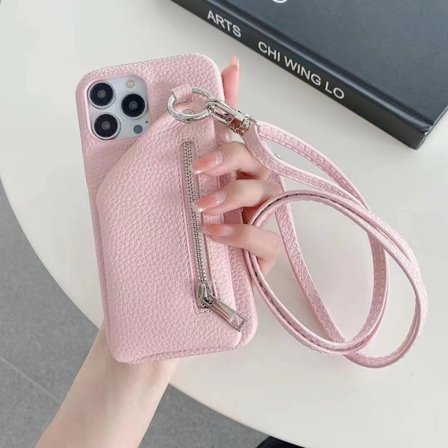 Etui til iPhone 15 Pro, rosa glidelås kortholder, justerbart tau, solid litchimønster, anti-fall