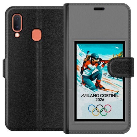 Kompatibelt Lommeboketui til Samsung Galaxy A20e Retroplakat Cortina Milano 2026 med fjell, vintersportsutøvere, italienske trikolor, Milano-katedrale