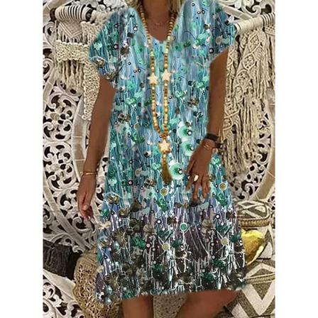 Vintage Blommig Printed Lös Miniklänning Elegant Kvinnor Sommar V-