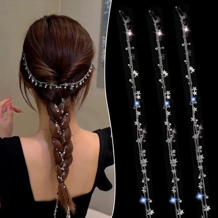 3 stk. Lang Rhinestone Hårkæde, Sølv Måne Stjerne Kvast Hårklemme, Hestehale Multi Strand Hår Smykker til Fletninger Bling Krystal Flettet Hårkæde