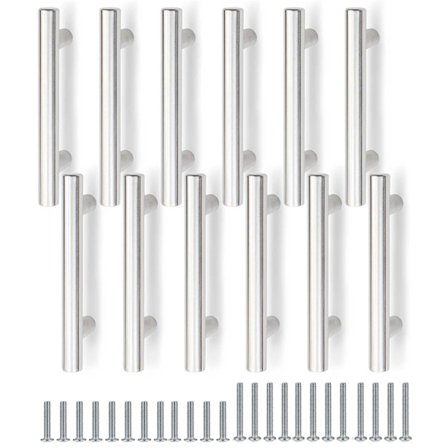 Skabshåndtag 12 stk, Knapper til låger og skuffer med skruer, Skuffehåndtag – sort, guld, sølvfarve, rustfrit stål, 96 mm hul, sølv