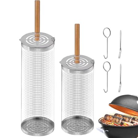 1/2-Pack Grillkorg i Rostfritt Stål, Rullande Grillkorg med Trähandtag för Camping och Trädgård_OF