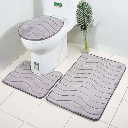 Nye skridsikre bademåtter, 3-delt bademåttesæt kontur bademåttesæt tæppe toilet wc (grå)