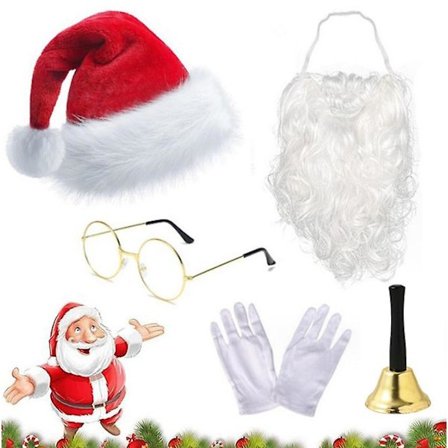 5-delt julemandskostume, sjov paryk, handsker og skæg til julefesten