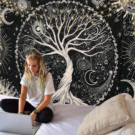 Livets träd gobeläng trippy mandala väggbonad svart galax stjärnor gobeläng bohemisk estetisk väggbonad (51 "X 59 ", svart) 51"X 59"