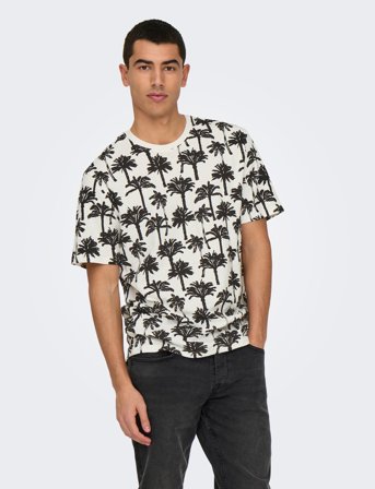 ONLY & SONS Onskylen Reg Linen Palm Aop Ss Tee - White - XS