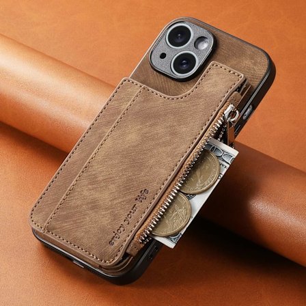 Fodral för iPhone16promax Brun Export Multi Kort Business Retro Dragkedja Förvaring Läder