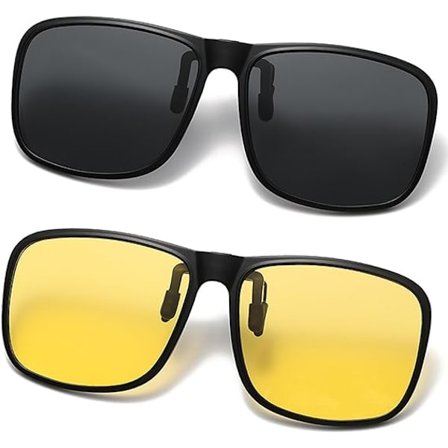 Clip-on solbriller 2-pak, polariserede linser passer over receptpligtige briller, flip-up randløse Myopia Near
