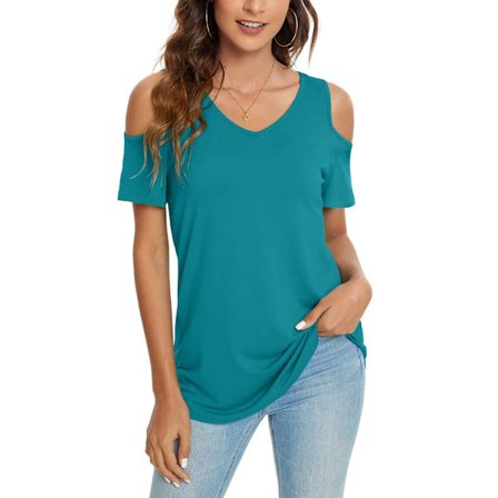 Dam sommar casual T-shirt kortärmad kall axel V-ringad tunika toppar XL