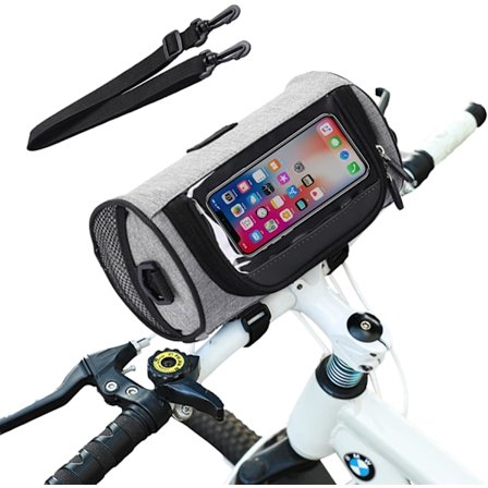 Vandtæt cykelstyrtaske med mobiltelefonholder og skulderrem, mountainbike landevejscykel front top tube opbevaringstaske (grå)