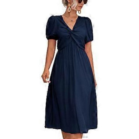 Kvinnekjole med vridd knute, V-hals, korte puff-ermer, løs kant, avslappet lang kjole til hverdagsbruk (L Lillablå)