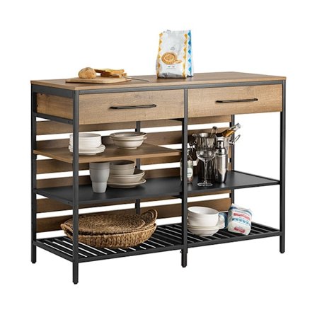 Rootz Kitchen Island - Kökshylla - Kommod - Barbord - Vintagestil - Rymlig förvaring med 5 fack & 2 lådor - Robust metallram - Justerbara fötter - Enk