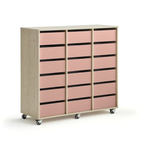 Schüleraufbewahrung CASPER, 18 Schubladen, Birke, dunkelrosa