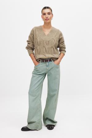 NA-KD Knitted V-Neck Cable Sweater - Tricot épais - Beige - L (EU 42-44)