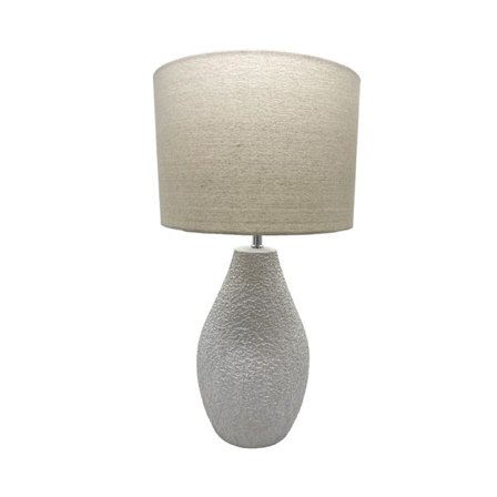 Keramisk bordlampe, hvid fod, beige hørskærm