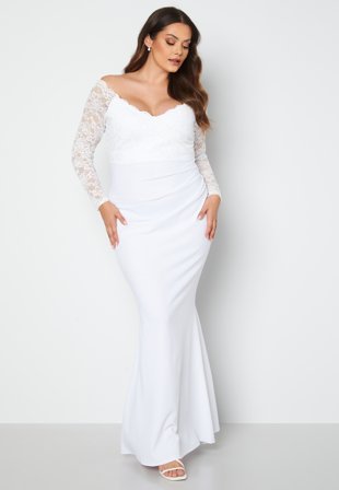 Goddiva Curve Long Sleeve Lace Trim Maxi Dress White Klær