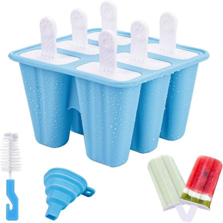 Former for is, 6 hull Silikonform for is uten BPA, DIY Popsicle-form med 1 sammenleggbar trakt og 1 rengjøringsbørste - Blå blu